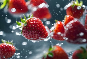 AI generated illustration of fresh strawberries with leaves, water droplets, and reflections
