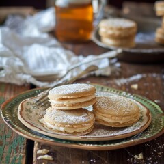 Argentinian alfajores, sandwich cookies filled with dulce de leche, on a small rustic plate. 