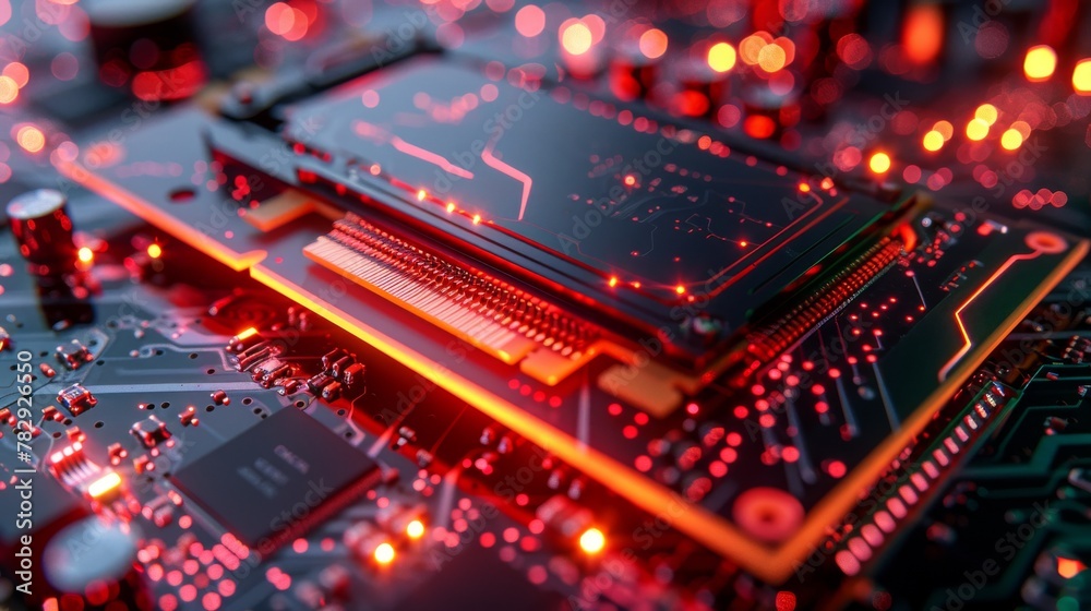 Poster A close-up view of a modern GPU card with a circuit and colorful lights and details