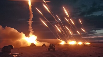 many ballistic missiles fly from the sky against the background of a dark sky at dusk over unpaved ground - obrazy, fototapety, plakaty