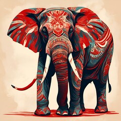 AI generated illustration of an elephant adorned with vibrant tribal patterns and intricate designs