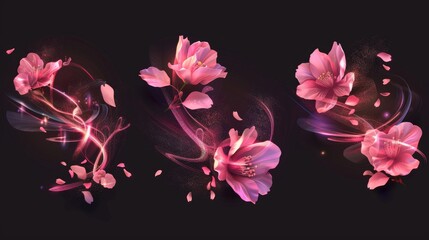 Pink swirls isolated on black background. Modern realistic illustration of neon light waves with sakura blossoms, magic sparkling particles, perfume aroma trail, love in the air.