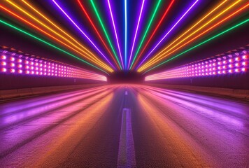 neon lights and rainbow stripes in a tunnel