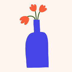 Vector trendy floral flat illustration. Naive style tulips in bottle. Botanical cute simple clipart