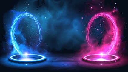 Magic game UI portal, a rotating round platform, neon gradient rays of blue and pink, flashing sparkles, and smoke. A realistic modern set of scifi fantasy teleports.