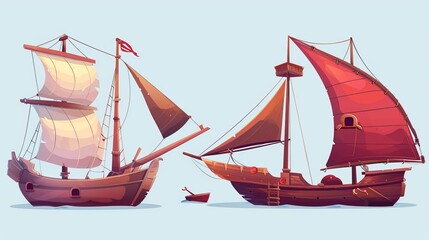 An isolated set of ships on a white background. Modern illustration of a cruise ship, a vintage sailboat with red sails, a damaged fishing boat sunken after a shipwreck, and a collection of water