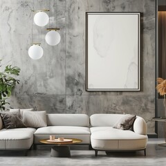 mockup design modern luxury living room with curvy shaped furniture blank poster on the wall in black frame