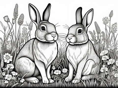 Coloring pages rabbits and bunnies in the grass, flowers Illustration. A couple of rabbits are sitting in a flower meadow, a coloring book. Antistress for adults and children. Black and white

