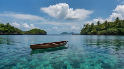 Fototapeta na wymiar In calm waters, a single little wooden rowboat is anchored. The picture conveys a calm atmosphere. The horizon is blue with islands in the tropics. backdrop of nature. Create a flyer, cover, or... Con