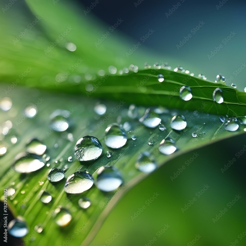 Poster AI generated illustration of dew drops glisten on green grass blades