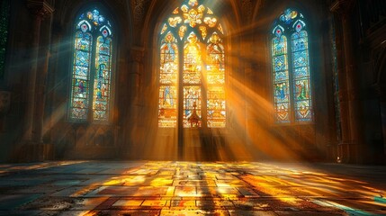 AI-generated illustration of Sunlight filters through multi-level cathedral stained glass windows - obrazy, fototapety, plakaty