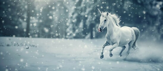 white unicorn running in the snow.  - obrazy, fototapety, plakaty