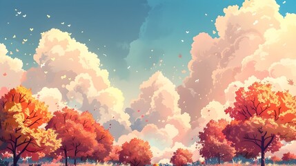 Fototapeta na wymiar Dreamy orange trees landscape with the blue sky, illustration wallpaper