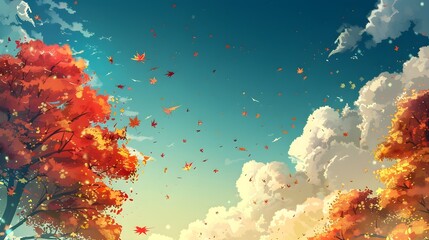 Obraz na płótnie Canvas Dreamy orange trees landscape with the blue sky, illustration wallpaper