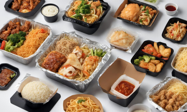 various take away food dishes in open boxes laid out on white background