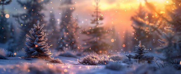 a snowy scene is in the middle of winter time with trees and plants - obrazy, fototapety, plakaty