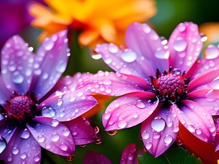 AI generated illustration of beautiful colorful flowers with waterdrops