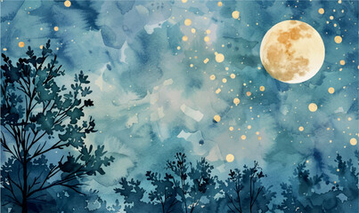 Fototapeta na wymiar watercolor background illustration trees night sky and moon
