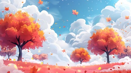 Dreamy orange trees landscape with the blue sky, illustration wallpaper