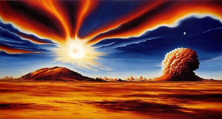 A barren desert landscape with a sun setting in the background. - obrazy, fototapety, plakaty