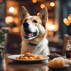 AI generated illustration of a happy dog with a plate of food