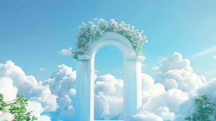 Surreal closed entrance in mysterious anime outdoor design featuring a floating wooden doorway to freedom with a white cloud background. - obrazy, fototapety, plakaty