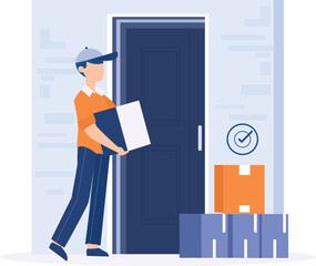 Vector delivery man shipment package boxes to receiver to homedoor to door delivery delivery service
