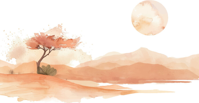watercolor orange background sand landscape desert with tree