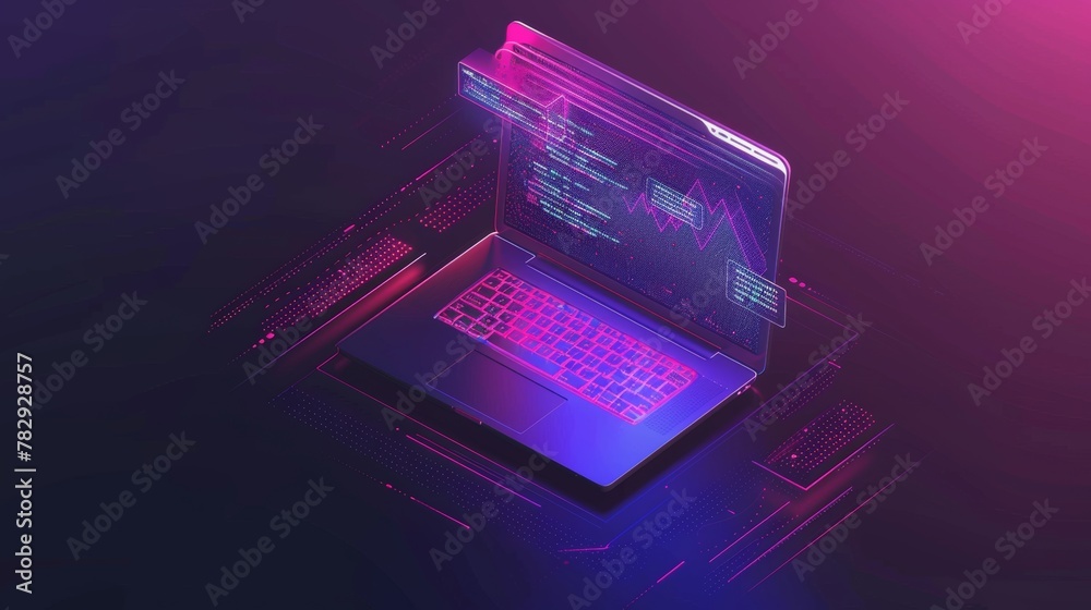 Poster A concept of web programming, showing a laptop with UI UX interface elements in an isometric way