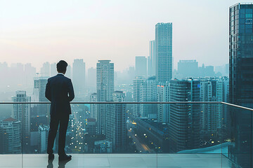 Businessman standing on the balcony of an office building overlooking the cityscape. The businessman in a suit is looking at modern skyscrapers from a high floor of the company headquarters