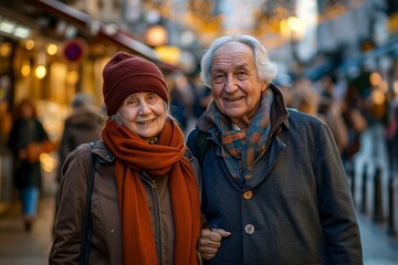 AI generated illustration of a senior couple enjoying vacation abroad, posing for a photo