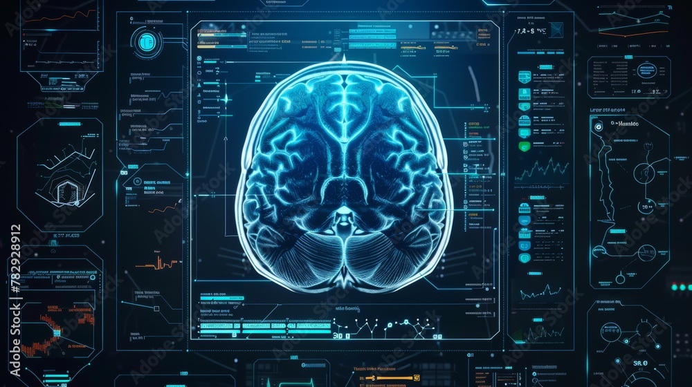 Poster the digital brain analysis interface is part of the mri scan concept of medical technology