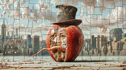 AI generated illustration of puzzle pieces assembling an apple with man's picture on top - Powered by Adobe