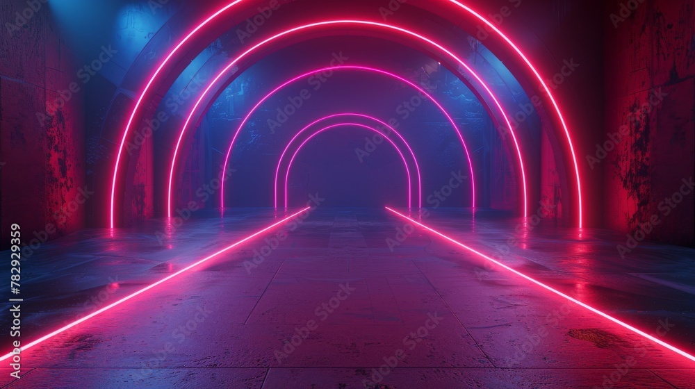 Aufkleber the empty stage of a futuristic sci-fi stage shines with neon lights, with an abstract background, r