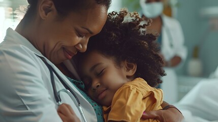 AI generated illustration of A nurse hugging a young girl in a yellow dress