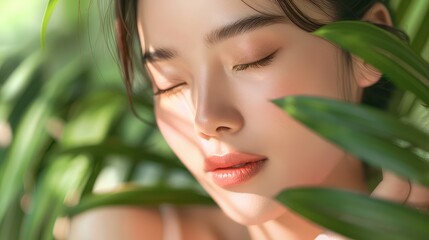 Fototapeta premium Elegant Asian Woman Embracing Skin and Body Care, Perfect for Beauty Salons and Wellness Centers