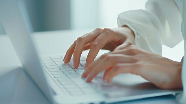 Close-Up View of Businesswoman’s Hands Typing on a White Laptop, Dressed in a White Shirt