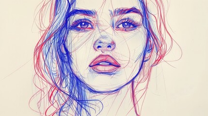 Beautiful Woman Face Drawn with Red and Blue Pen