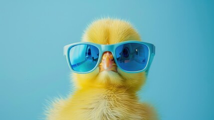 Easter Concept: Yellow Chick Sporting Blue Sunglasses, Posing Against a Blue Background - obrazy, fototapety, plakaty