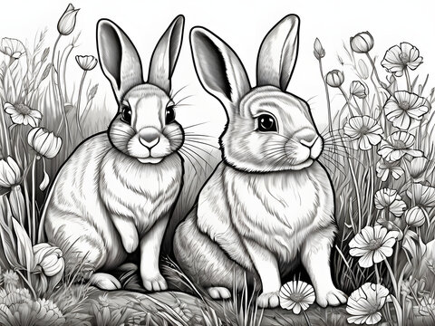 Coloring pages rabbits and bunnies in the grass, flowers Illustration. A couple of rabbits are sitting in a flower meadow, a coloring book. Antistress for adults and children. Black and white

