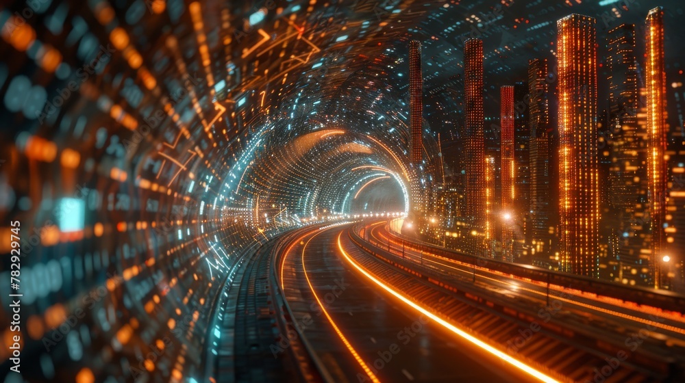 Poster CG rendering of abstract highway path with virtual reality, hyper loop, and virtual reality towers across a city background. Concept of big data, machine learning, artificial intelligence, hyper