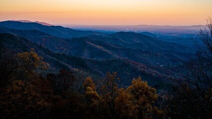 Aerial view of beautiful mountains during sunset