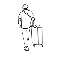 back view of man with suitcase for travel illustration vector hand drawn isolated on white background