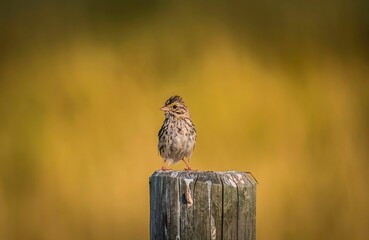 Closeup of a small savannah sparrow perched on wood