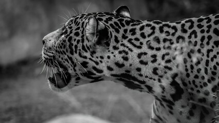 Grayscale shot of a leopard roaring - obrazy, fototapety, plakaty