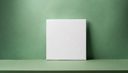 Mock-up of white square canvas on light green background. Blank poster.