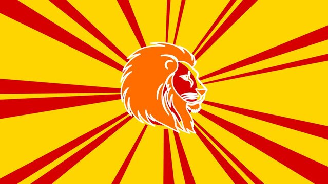 Lion head icon on the background of animation from moving rays of the sun. Large orange symbol increases slightly. Seamless looped 4k animation on yellow background