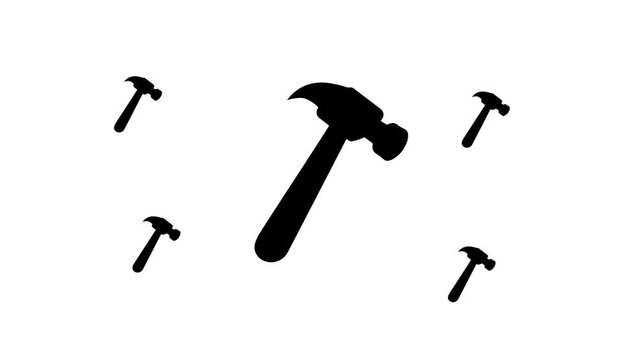 Zoom in and out animation the hammer symbol. Large black symbol in the center and four small symbols around. Seamless looped 4k animation on white background