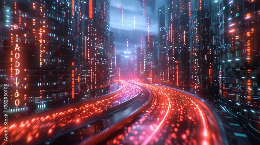 Aufkleber Abstract highway path through digital binary towers in a city. Concept of big data, machine learning, AI, hyper-loop, virtual reality, high speed network.