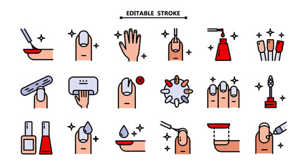 Manicure, icon set. Editable stroke. Tools for cosmetic beauty treatment for the fingernails and hands, linear icons. Nail care.